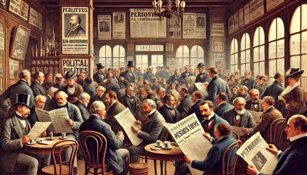 Citizens gathered in an 18th-century Parisian café reading newspapers and debating politics. Political posters are affixed to the walls, illustrating the lively atmosphere.