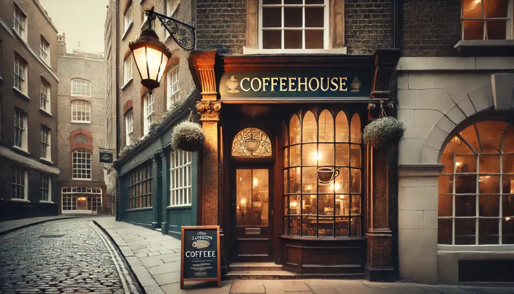 The exterior of a traditional London coffeehouse, featuring a stone building entrance with an antique sign hanging above.