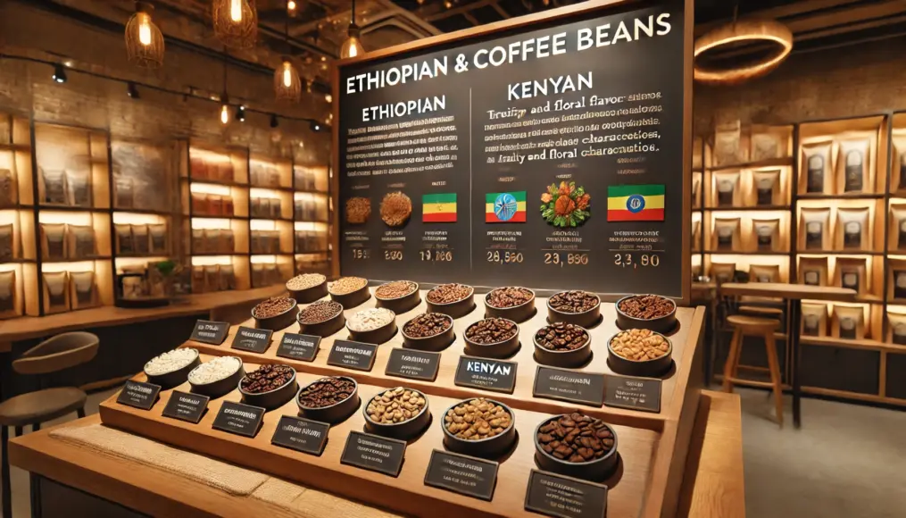 Ethiopian and Kenyan coffee beans displayed with signs explaining their fruity characteristics, set in a café’s coffee-tasting area