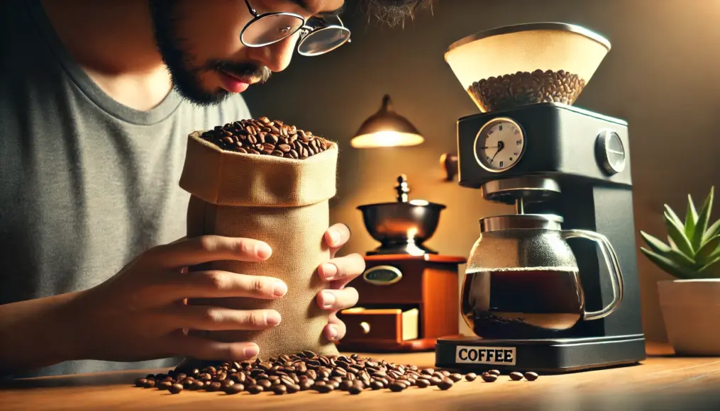 A person smelling an open coffee bag to check the aroma, with a freshly brewed cup of coffee in the background