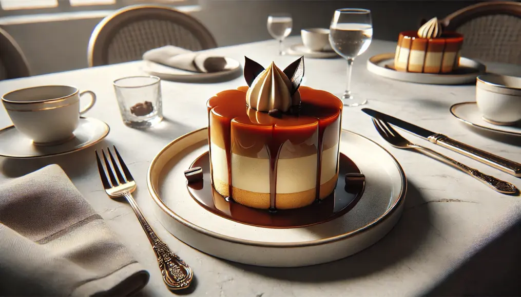 A beautifully sliced coffee bavarois with a glossy coffee syrup topping.