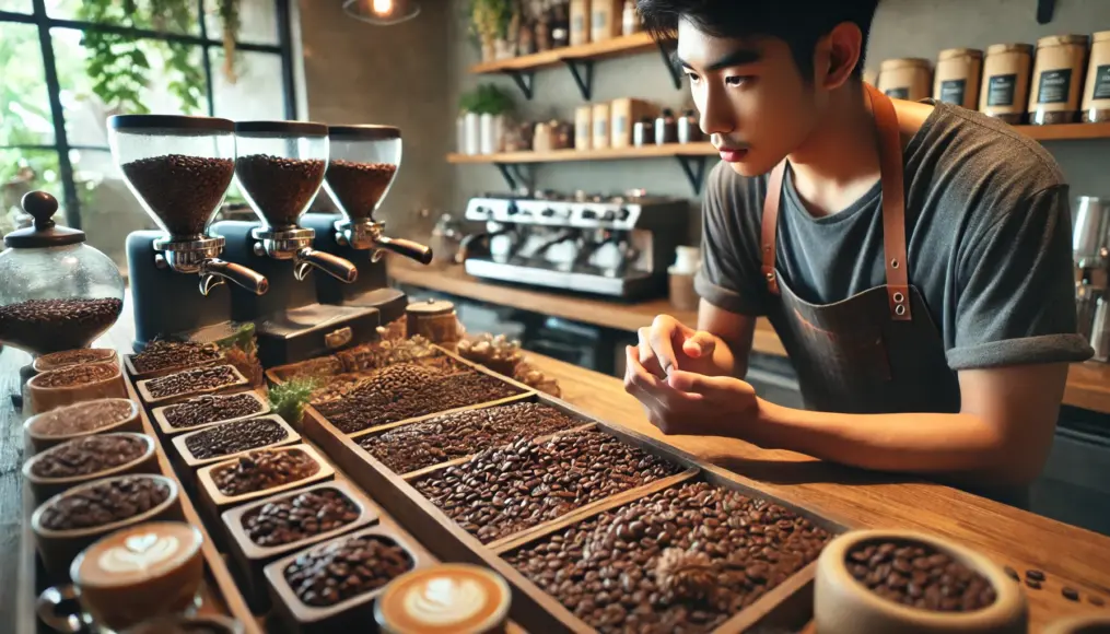 A coffee shop counter with different types of coffee beans displayed on a wooden tray while a barista inspects their quality.