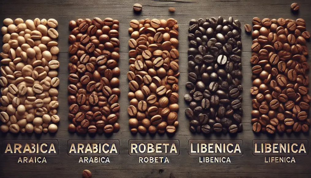 A photo showing Arabica, Robusta, and Liberica coffee beans