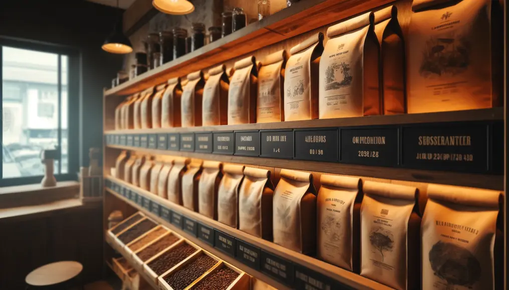 A shelf filled with coffee bean bags, each labeled with its country of origin and unique flavor notes. The warm ambiance of the shop enhances the inviting aroma of freshly roasted coffee.