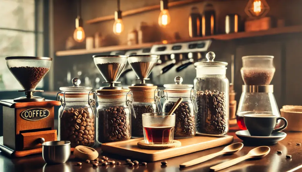 A coffee shop counter displaying a variety of coffee beans and a cupping set for blending experiments