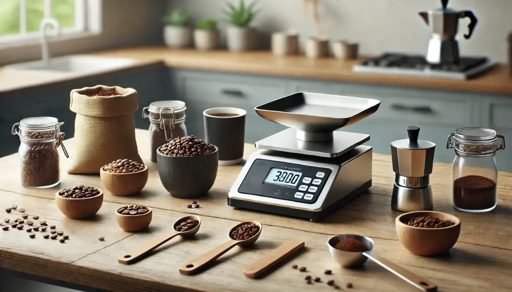 A table with coffee blending tools and scales, illustrating how to measure coffee bean ratios for blending