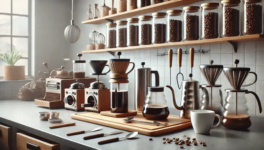 A coffee bar set up with French press and pour-over brewing equipment. The setup features neatly arranged tools, with coffee beans stored in the background, in a clean and bright setting.