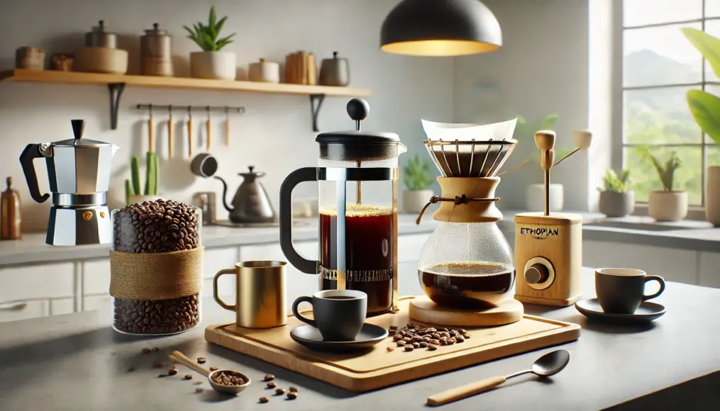 Brewing Ethiopian coffee using a French press and pour-over setup. The counter is neatly arranged with coffee beans and cups in a realistic setting.