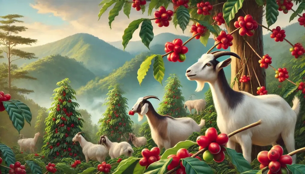 Goats eating red coffee cherries