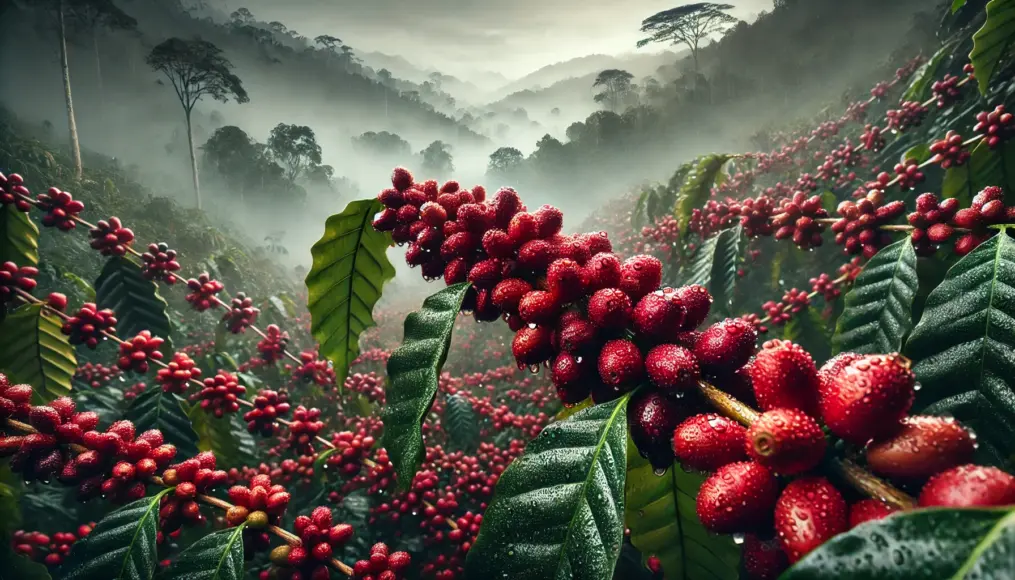 Coffee cherries ripening on branches, covered in morning dew, with a tropical rainforest enveloped in mist in the background.