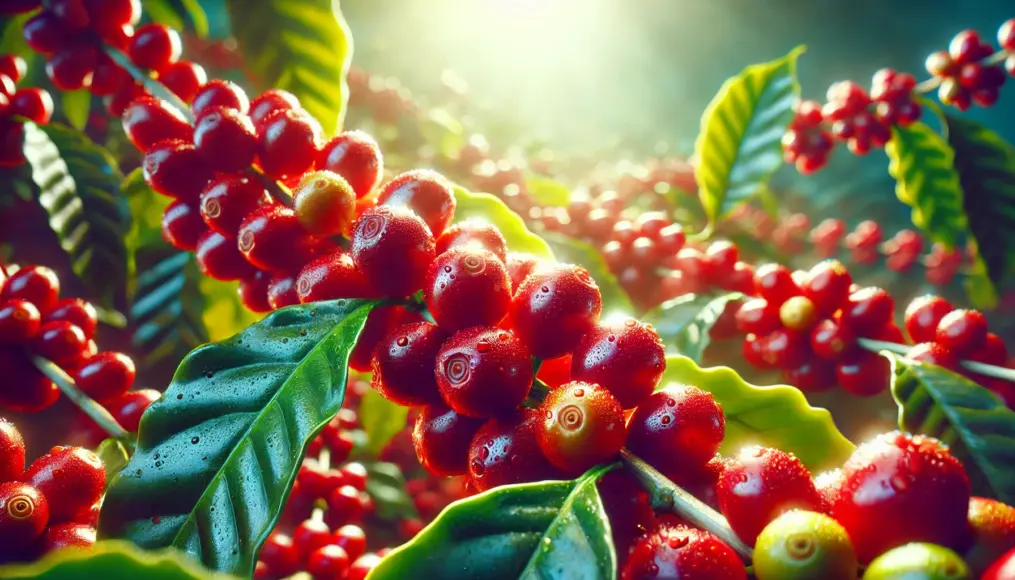 Vivid red coffee cherries on a branch