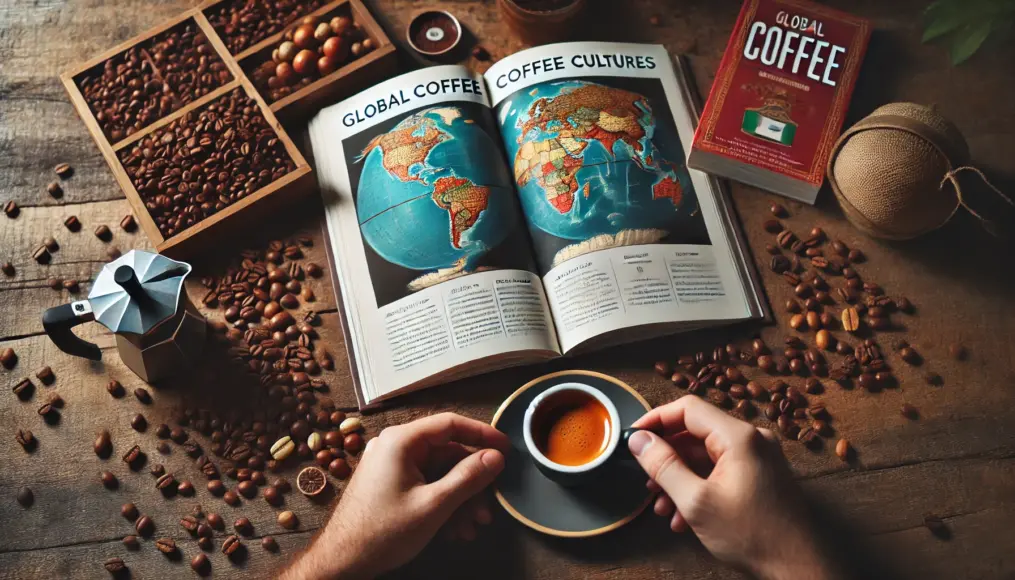 A scene of a coffee lover reading about global coffee cultures, with espresso and coffee beans on the table.