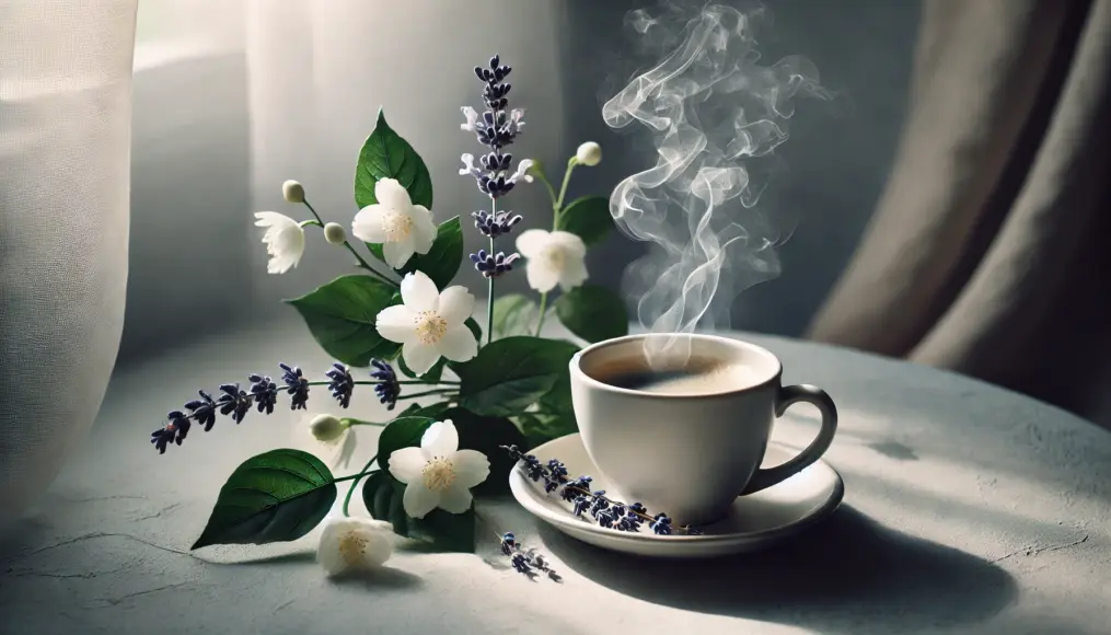 Steam from a coffee cup carrying floral aromas like jasmine and lavender. A cup on a quiet table setting, with soft steam rising, is realistically depicted.