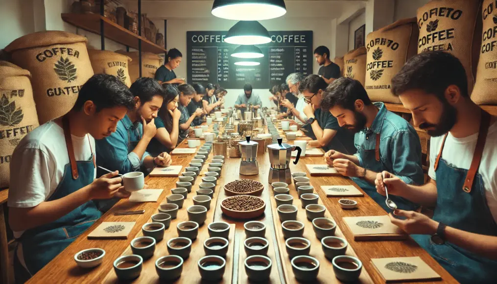 Baristas and coffee experts conducting a coffee cupping session. Multiple cups are lined up on the table as they carefully assess the aroma and taste