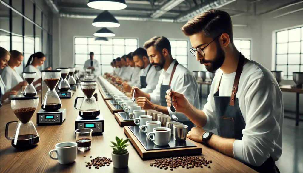 A professional coffee cupping session to evaluate quality