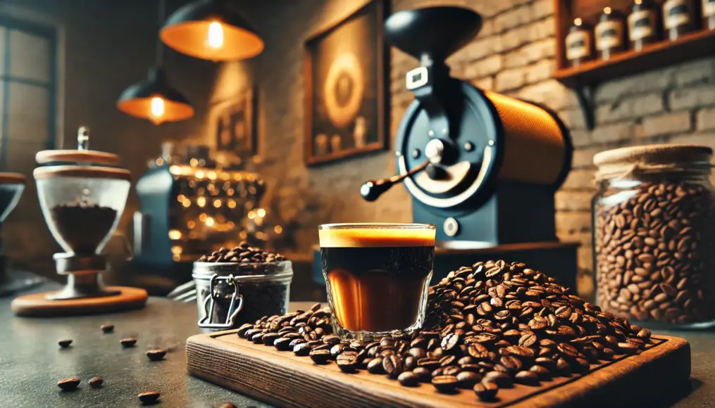 Dark roasted coffee beans and a freshly brewed espresso sitting on a counter, with a roasting machine visible in the background