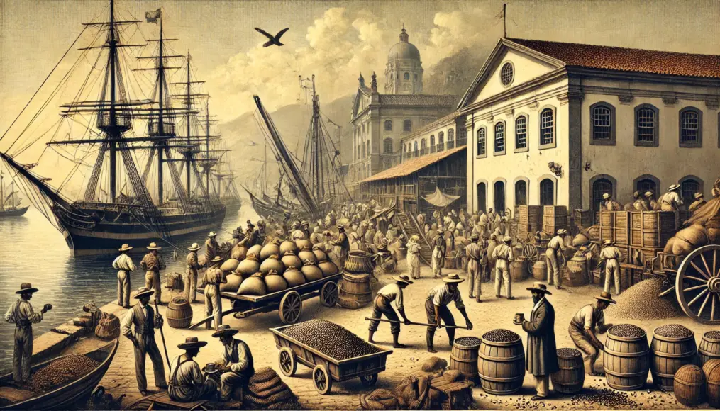 A scene at a Brazilian port in Rio de Janeiro, where sacks of coffee are being loaded onto ships. A bustling market atmosphere is evident.