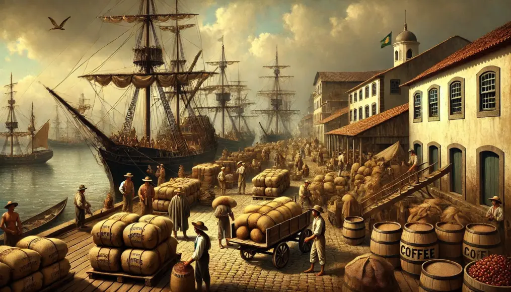 19th-century Brazilian port scene with workers loading coffee sacks onto ships. Wooden piers are stacked high with burlap coffee bags, while sailing ships dock for cargo transport. Merchants actively engage in trading, reflecting the bustling commerce of Brazil’s coffee boom.