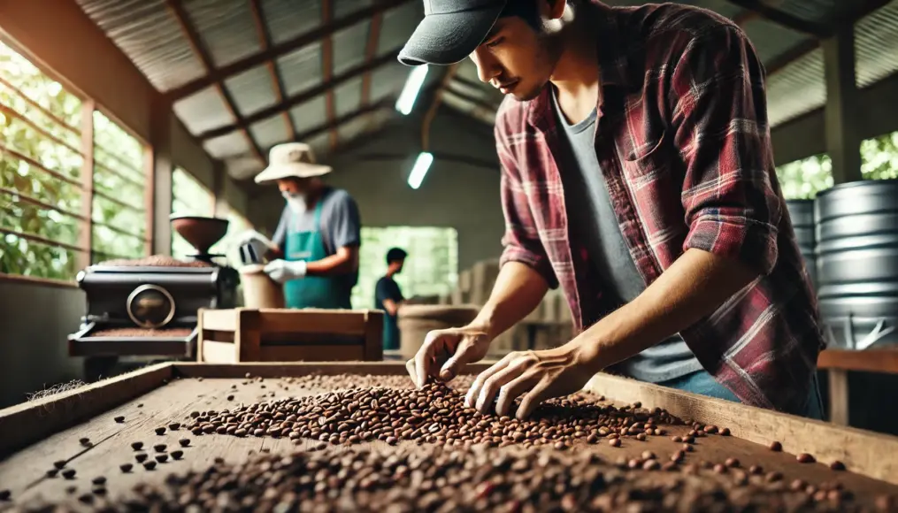 Coffee farm workers hand-sorting defective beans