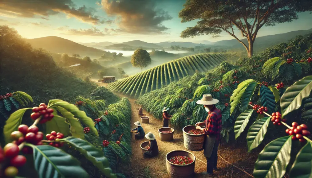 A coffee farm during harvest season. Farmers are hand-picking ripe coffee cherries and placing them into baskets. Lush green coffee plants stretch across the landscape.