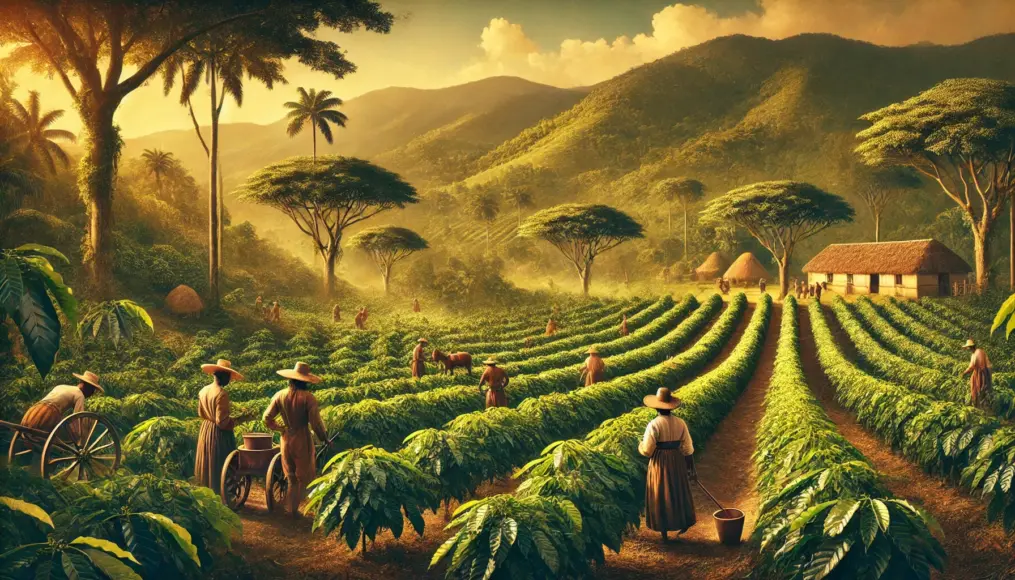 An 18th-century coffee plantation in Jamaica, featuring lush coffee trees and local farmers tending to the crops