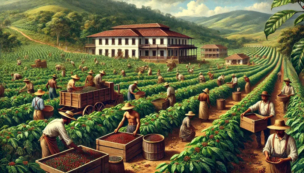 A 19th-century South American coffee plantation. Immigrant workers harvest and pack coffee beans on vast farmland.