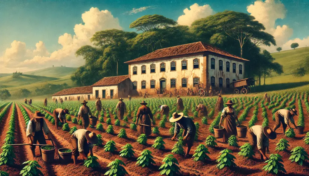 18th-century Brazilian coffee farmers planting coffee seedlings. Workers scattered across a vast plantation are aligned in rows, carefully placing young plants into the soil. A colonial-style building stands in the background under a clear blue sky, illustrating the tough working conditions of the time.