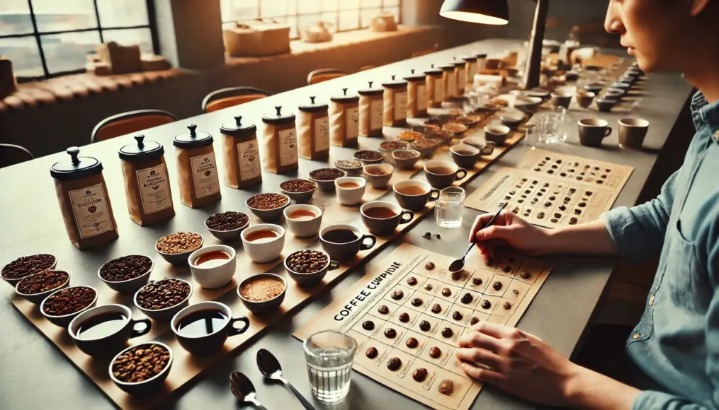 A cupping session comparing different coffee samples. Beans from various origins are prepared, and their aroma and flavor are evaluated through brewed coffee samples.