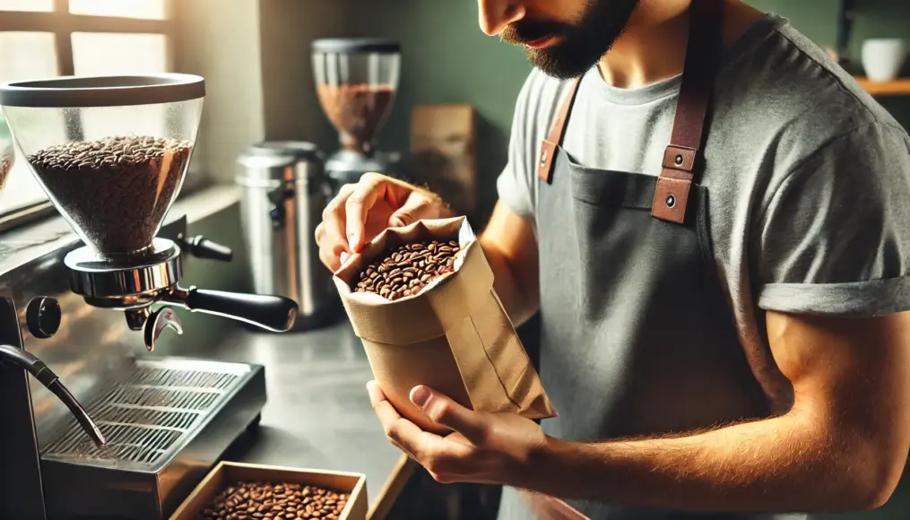 A barista opening a sealed coffee bag and inspecting the beans for freshness