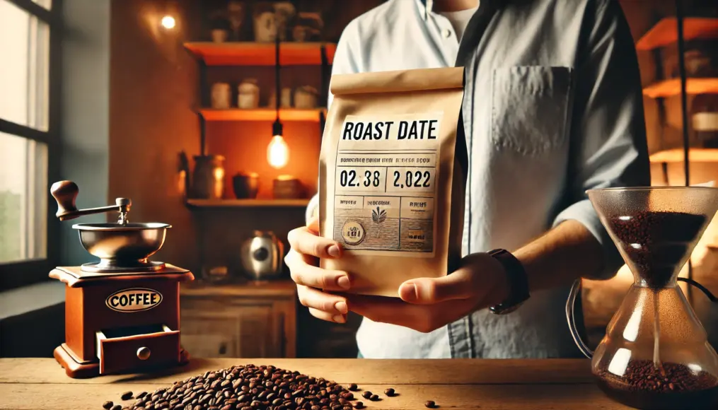 A hand holding a coffee bag with the roast date clearly marked. In the background, a coffee grinder and a pour-over setup create a cozy home brewing scene.