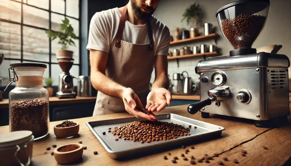 A barista examining freshly opened coffee beans on a tray, checking their color and shape