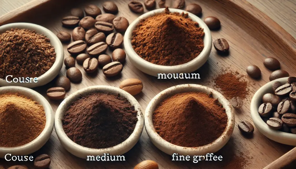 A comparison of different coffee grind sizes. Coarse, medium, and fine grounds are arranged in separate small dishes