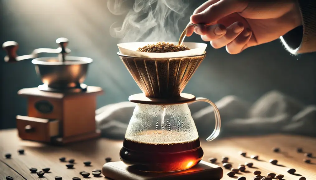 A close-up of a glass dripper slowly brewing light roast coffee. The coffee grounds are blooming, releasing steam, and the freshness of the beans is evident. The background is softly blurred, emphasizing the brewing process.