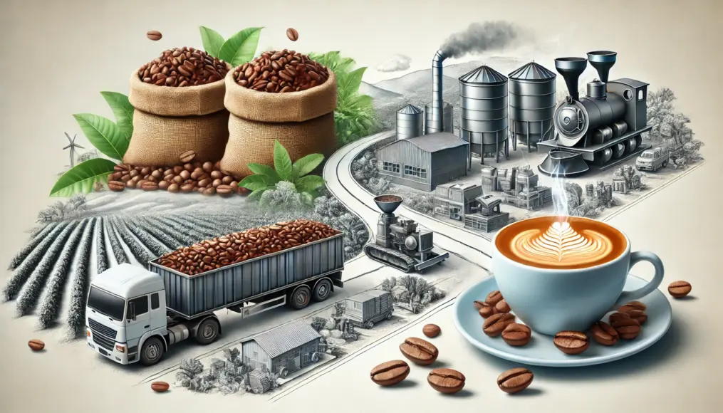 A diagram showing coffee beans' journey from farm to cup