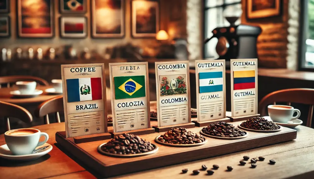 Coffee beans from Brazil, Colombia, and Guatemala displayed with their respective national flags and description cards on a café table