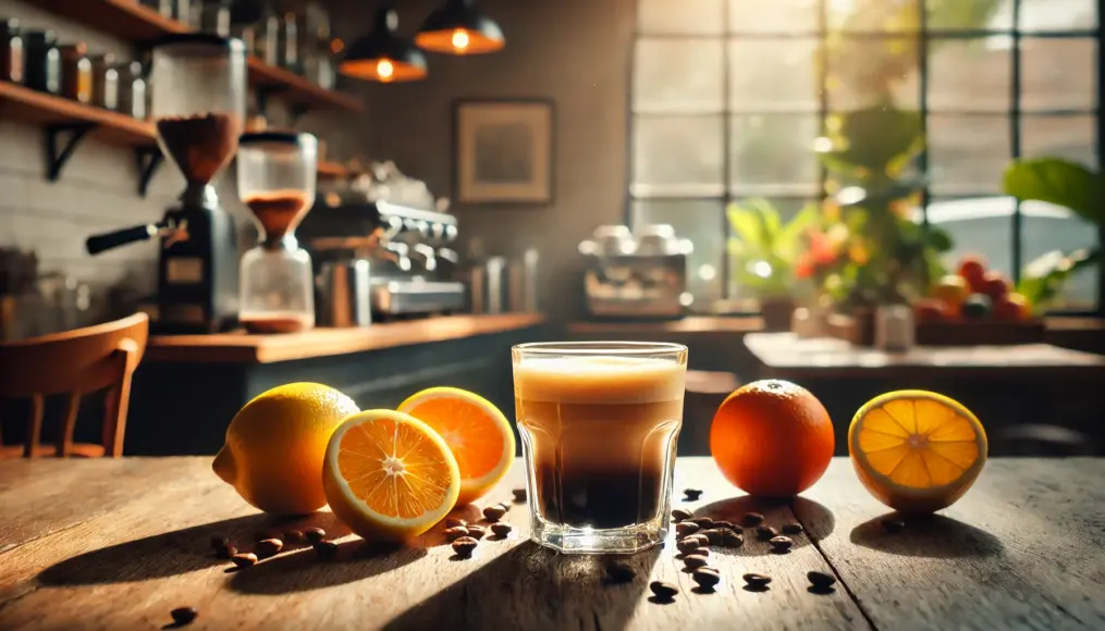 A clear glass cup of light roast coffee placed on a sunlit table with citrus fruits beside it, highlighting its bright acidity