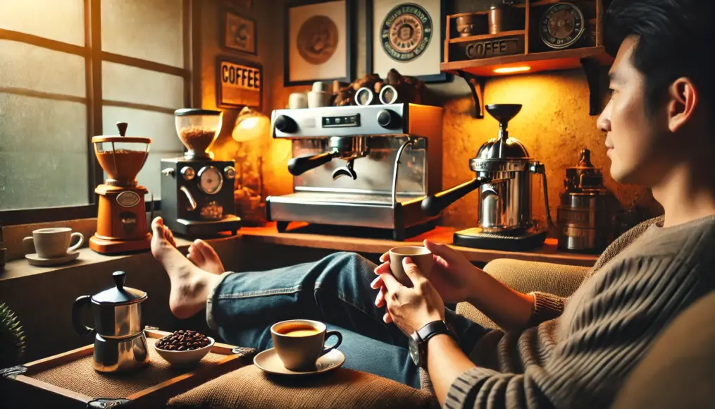 A coffee lover holding an espresso, enjoying a quiet moment with a collection of favorite coffee gear in the background.