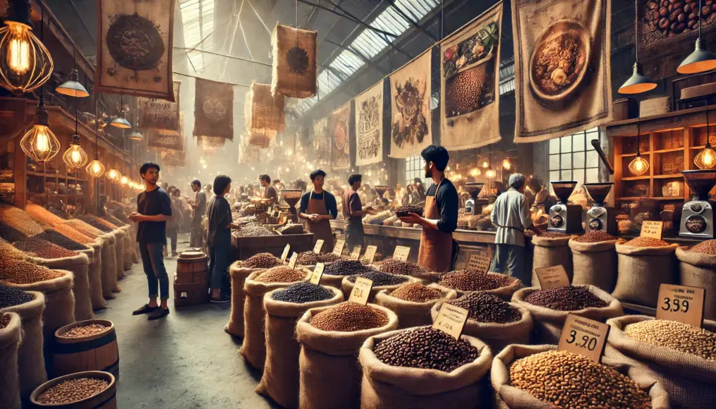 A coffee market displaying various coffee beans