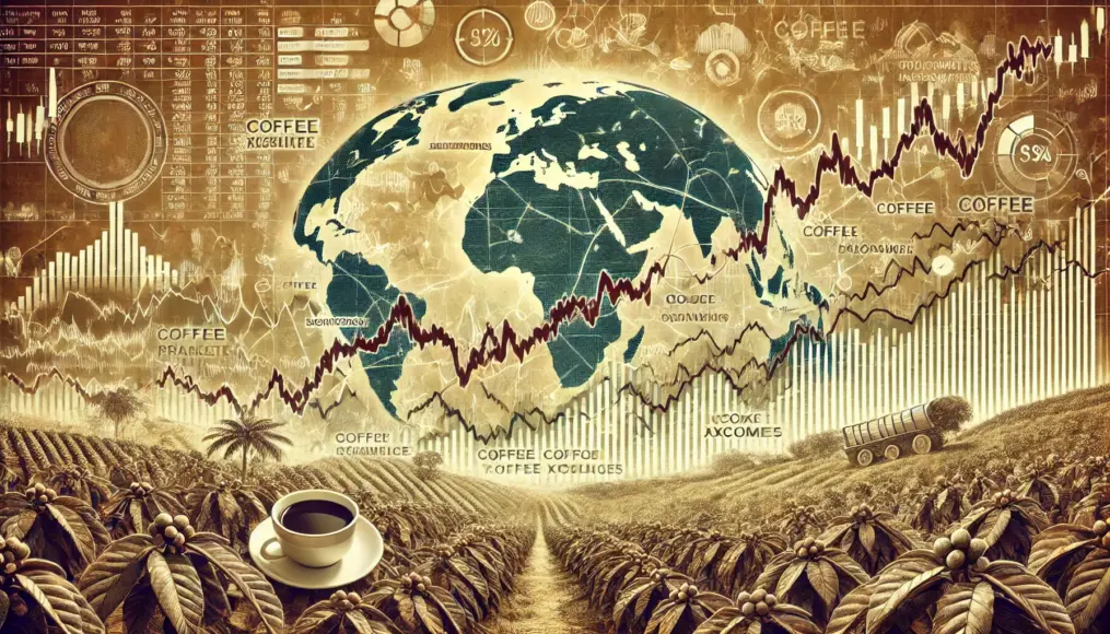 A graph depicting fluctuations in the global coffee market. Price increases and declines show the struggles of coffee farmers.