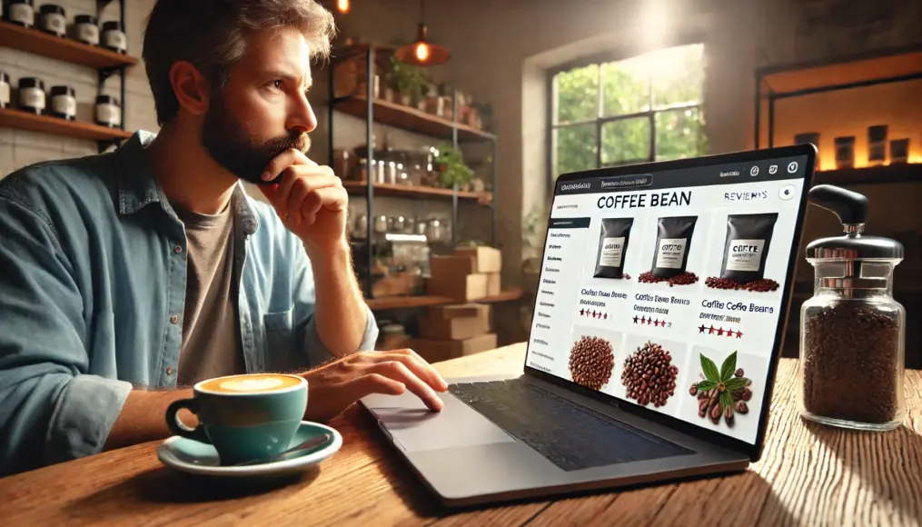 A person browsing an online coffee store, looking at product details while contemplating their choice