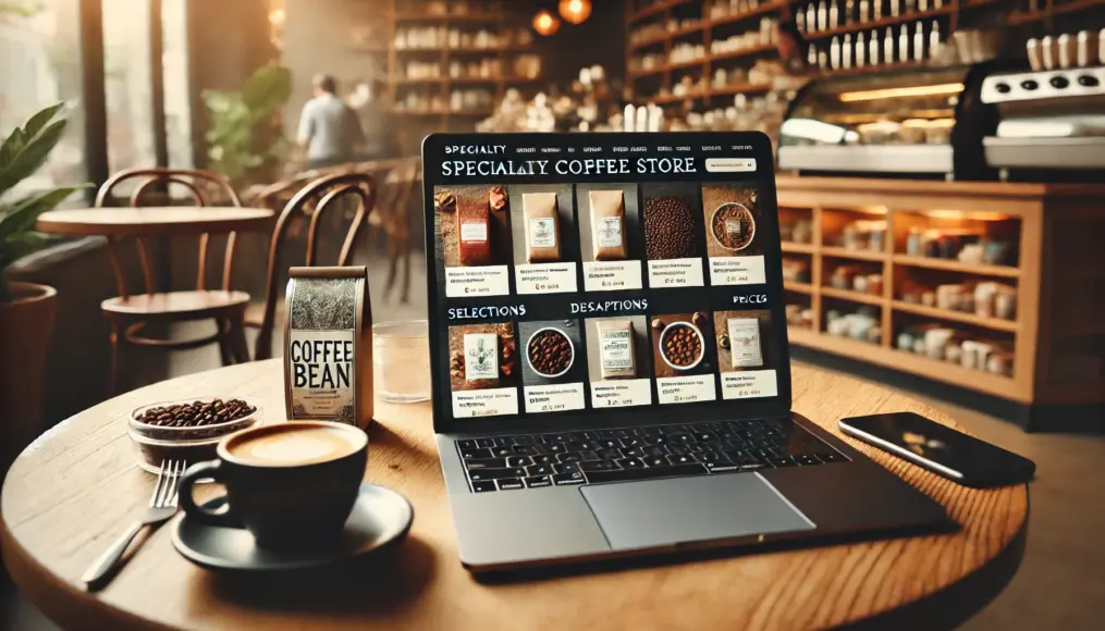 A laptop displaying a specialty online coffee store homepage, placed on a wooden café table