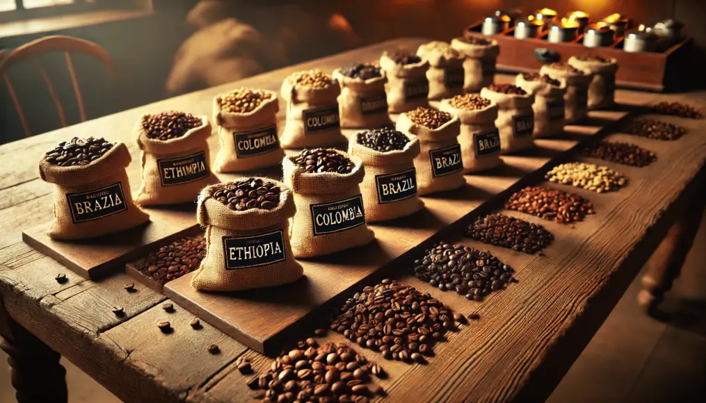 A wooden table displaying coffee beans from different origins