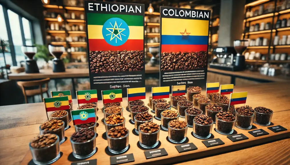 Ethiopian and Colombian coffee beans displayed alongside their respective national flags