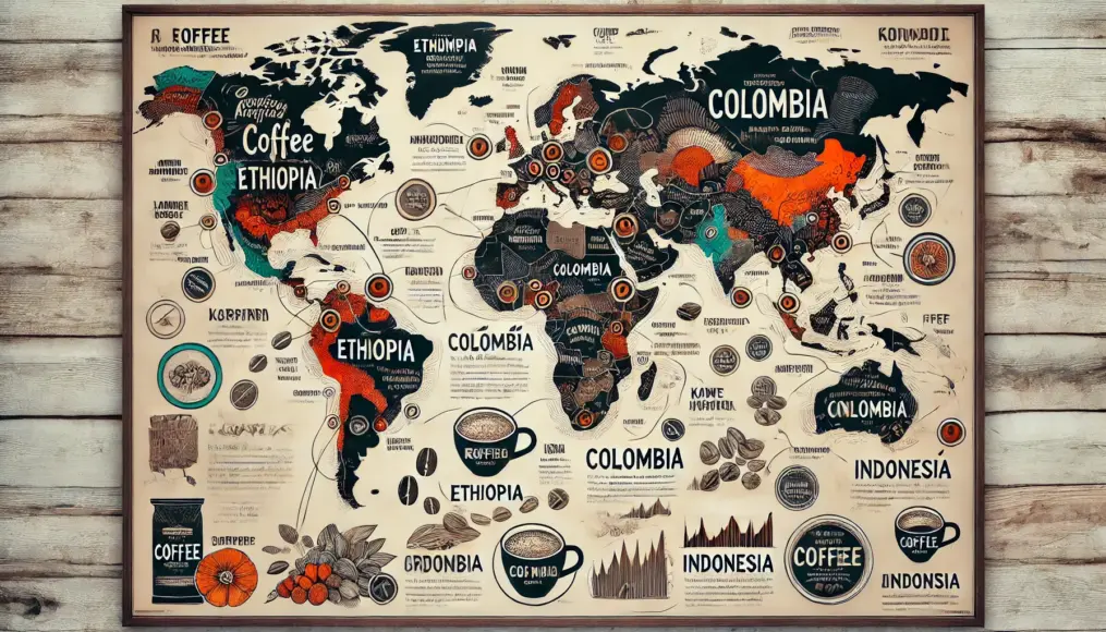 A map highlighting coffee-producing regions