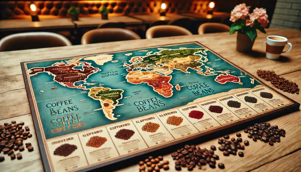 A world map with different coffee beans placed on various regions, each labeled with their unique flavor notes