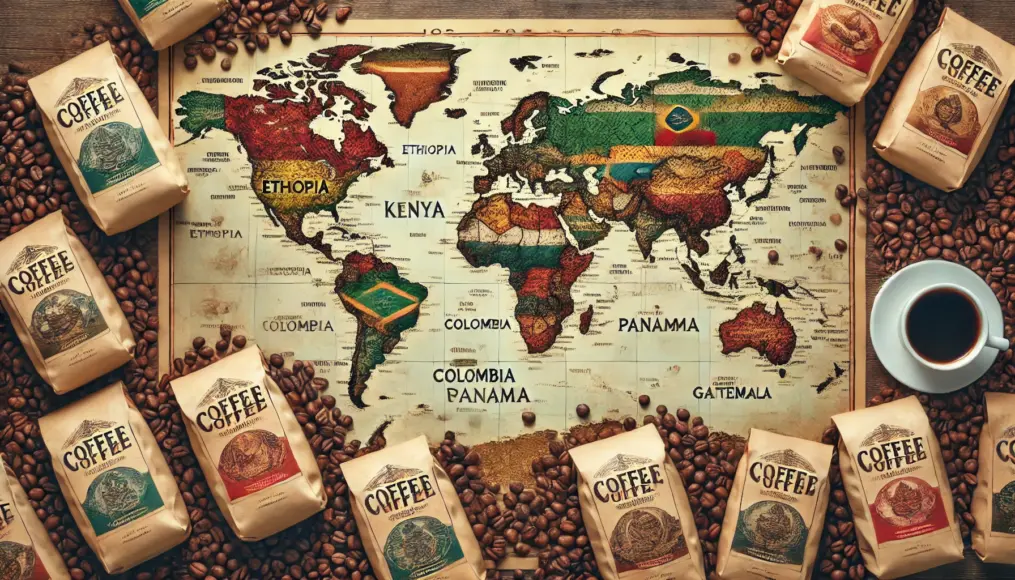 A world map highlighting major coffee-growing regions, including Ethiopia, Kenya, Colombia, Panama, and Guatemala. Bags of coffee beans from each region are displayed alongside.