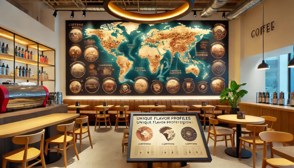 A world map highlighting different coffee-growing regions, with informational boards explaining their characteristics in a cozy café