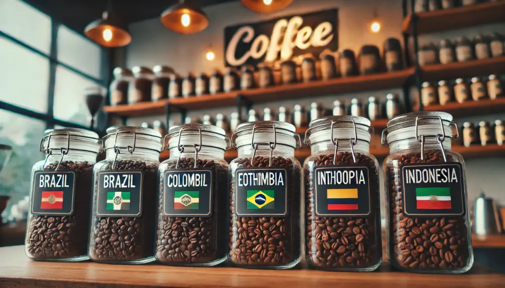 Glass jars filled with coffee beans, labeled by origin: Brazil, Colombia, Ethiopia, and Indonesia.