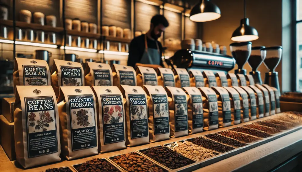 Coffee beans from different origins displayed in separate bags with descriptions, lined up on a café counter