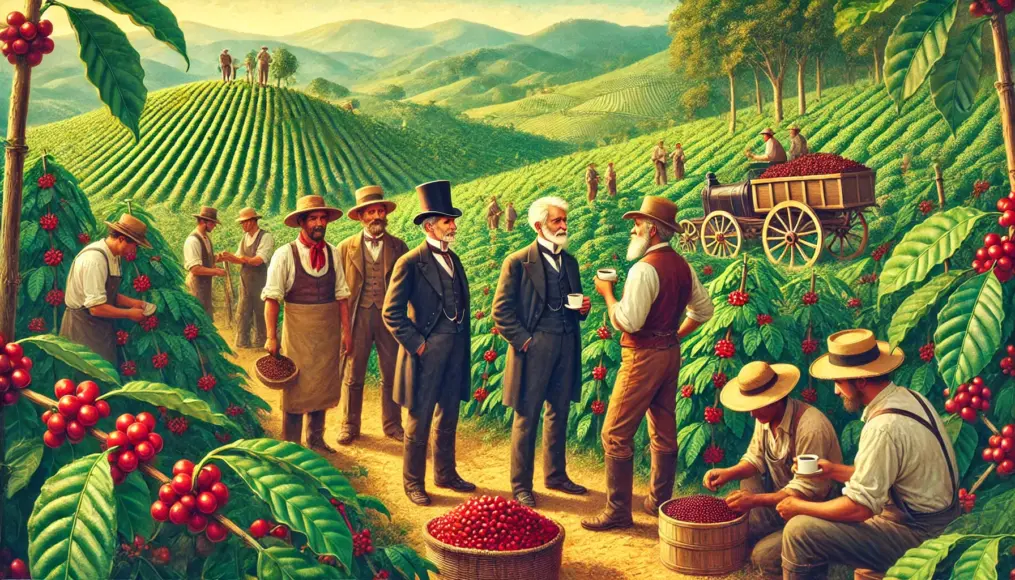 A 19th-century coffee plantation in Latin America, with American investors overseeing production